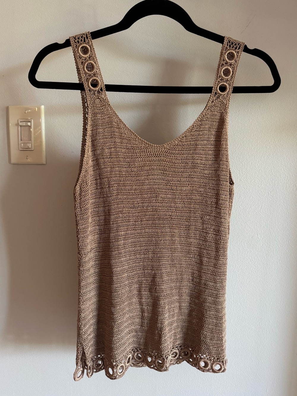 Vintage 90’s - Y2K Tan Light Brown Rayon Crochet Knit European Summer Tank Top
